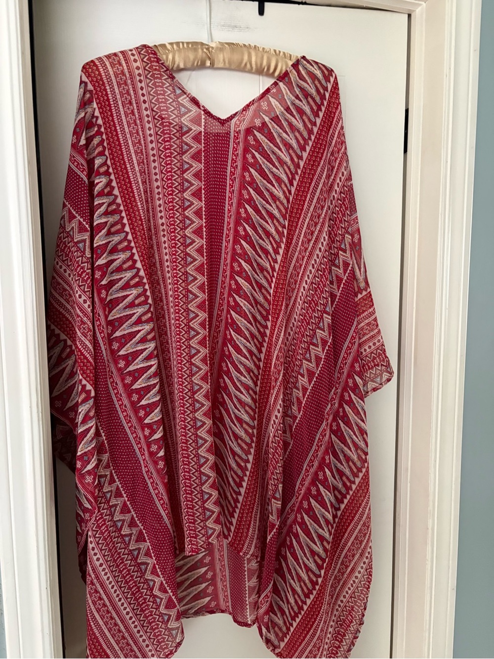 Red Patterned V-Neck Kaftan Cover-Up